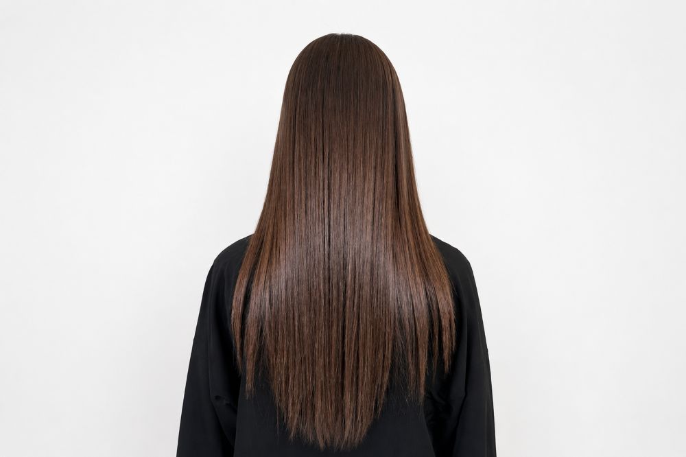 Frizz-free hair woman with smooth, shiny, healthy-looking hair by Davida Salon